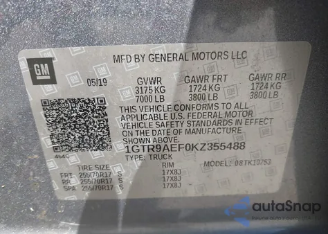 2019 GMC Sierra 1500 from USA, damaged, VIN 1GTR9AEF0KZ355488